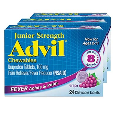 Advil Junior Strength Chewable Ibuprofen Pain Reliever and Fever Reducer, Children's Ibuprofen for Pain Relief, Grape - 24 Tablets (Pack of 3)