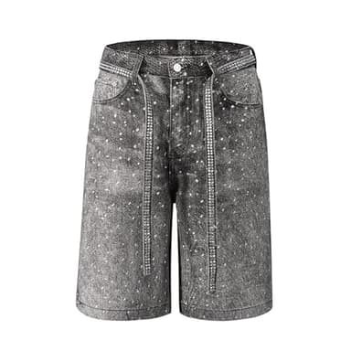 Mens Baggy Rhinestone Denim Jeans Shorts Y2k Oversized Vintage Loose Fit Wide Leg Streetwear Casual Black
