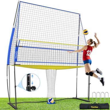 TYRSEN Volleyball Practice Net with Ball Return System, Height Adjustable 6.5-8FT, 11 * 8FT Portable Volleyball Training Equipment for Serving, Spiking, Solo and Team Drills, Indoor/Outdoor Use