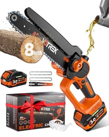 VOTREK® 8-INCH Mini Chainsaw Cordless, [3.0AH] Battery Powered Electric Chain Saw, Handheld Small Hand Saw for Wood Cutting Tree Trimming Branch Cutter [Auto Oiler] [Tool-Free Tensioner] [Brushless]