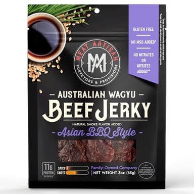 Meat Artisan Beef Jerky - Australian Wagyu Asian BBQ Style - High Protein Snack - Gluten Free No MSG - Premium Gourmet Natural 3oz (85g)