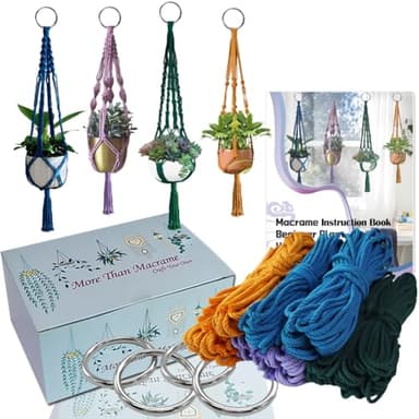 Ewparts Macrame Plant Hanger Kit with Instruction Book Tutorials Metal Rings 4mm Macrame Cord Green/Purple/Orange/Blue Pre-Cutted for Making 4 Macrame Plant Hangers Macrame Kit for Adults Beginners