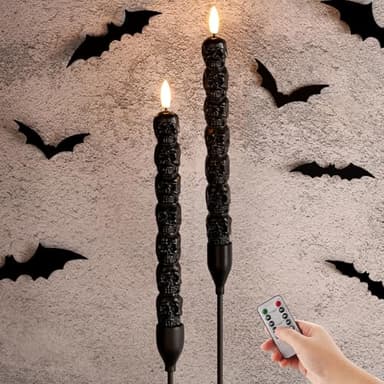Girimax Black Skull Halloween Flameless Taper Candles with Remote, Flickering Spooky LED Wax Candlesticks Battery Operated, Set of 2