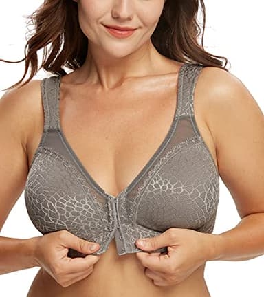 DotVol Women's Full Figure Front Closure Wirefree Jacquard Back Support Posture Bra(Grey,42DD)