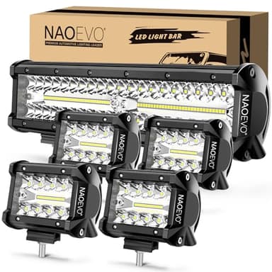 NAOEVO 12 Inch LED Light Bar and 4PCS 4 Inch LED Pod Lights, 54000LM LED Fog/Driving/Off Road Lights, Triple Row Spot Flood Combo LED Light Bar for Truck Car UTV ATV Boat, 1 Year Warranty