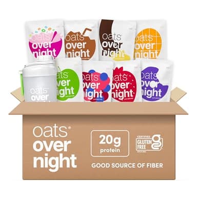 Oats Overnight Fruit Variety Pack - High Protein, High Fiber Breakfast Protein Shake - Gluten Free, Non GMO, Protein Oatmeal - Fruity Cereal, Chocolate Covered Banana & More (8 Pack + Shaker Bottle)