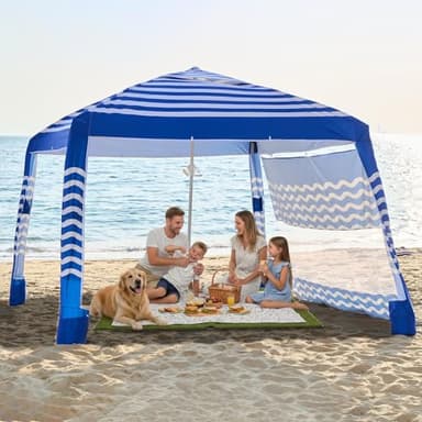Zeraty Beach Cabana 8'×8', Portable Beach Canopy with Side Wall, Easy Pop Up UPF 50+ Silver-Coated Beach Tent Sun Shelter, Wind Resistant Adjustable Height Beach Umbrella Tent for Family, Navy Blue