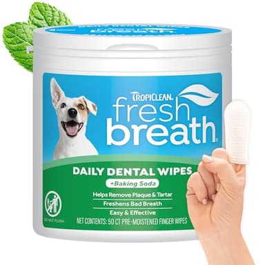 TropiClean Fresh Breath Dog Teeth Cleaning Dental Wipes, Finger Wipes for Plaque & Tartar Removal + Baking Soda, Easy to Use Dog Dental Care, 50ct