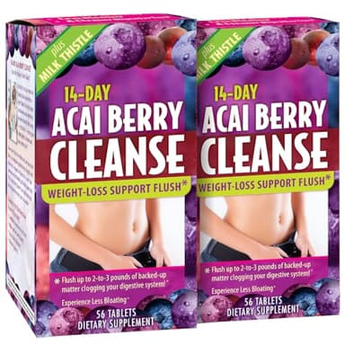 Applied Nutrition 14-Day Acai Berry Cleanse - 56 Tablets, Pack of 2 - Weight-Loss Support Flush + Milk Thistle - 56 Total Servings