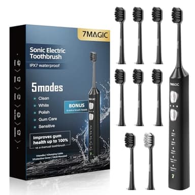 7MAGIC Sonic Electric Toothbrush for Adults and Kids - Up to 180 Days Runtime, 42000 VPM Powered Toothbrush, 5 Modes & 3 Intensities for Sensitive Teeth & Braces, Includes 8 Brush Heads, Black
