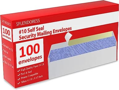 #10 Envelopes Letter Size Self Seal | 100 Business Mailing Security Peel and Sealing Envelope | 100% Tinted | no 10 White Windowless Legal Regular Plain Envelops Pack | 4-1/8 x 9-1/2 Inches | 24 LB