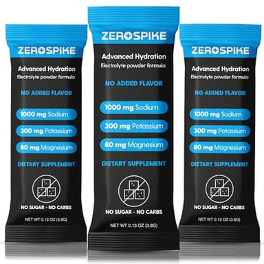 Zerospike No Sugar Electrolytes Powder Packets | Keto & Fasting Salts Drink Mix | Supplements: The Key Hydration Nutrients Missing from Purified Water | Clean, Unflavored, Calorie Free | 30 Sticks