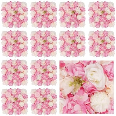 3D Flower Wall Backdrop - 12Pcs 15×15 Inch Artificial Rose Panels Pink & White Silk Floral Decor for Home Party Wedding Anniversary Birthday Photographic Studio Background & Decorative Fences