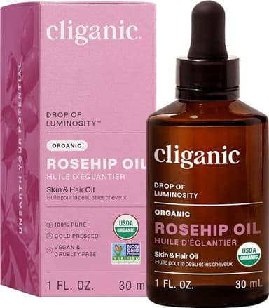 Cliganic Organic Rosehip Seed Oil for Face, 100% Pure | Natural Cold Pressed Unrefined Non-GMO | Carrier Oil for Skin, Hair & Nails