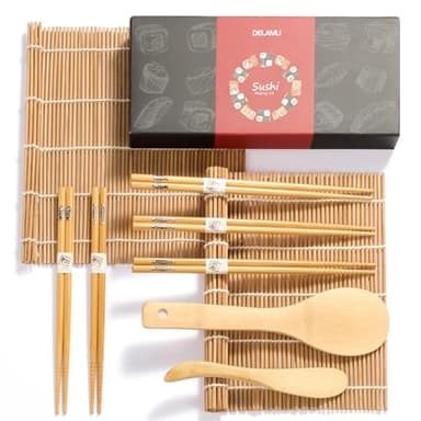 Sushi Making Kit, Delamu Bamboo Sushi Mat, Including 2 Sushi Rolling Mats, 5 Pairs of Chopsticks, 1 Paddle, 1 Spreader, 1 Beginner Guide PDF, Beginner Sushi Kit, Sushi Plates
