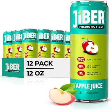 JIBER High Fiber Apple Juice Drink - No Sugar Added - 12 fl oz Apple Juice Cans with 40% Daily Fiber - Prebiotic Drink- Healthy Drinks for Kids - Juice for Teens, Adults & Seniors (12 Pack)