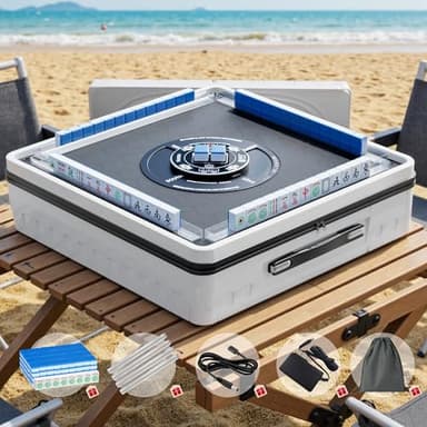PYY Portable Automatic Mahjong Table - Foldable 152 Magnetic Mini Mahjong Tiles, Smooth Non-Jamming Shuffling, Supports American & Chinese Styles, for Outdoor & Home Fun, White-Blue