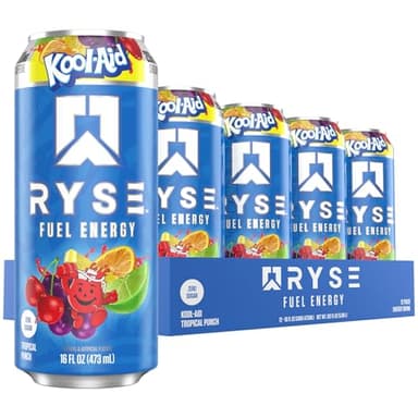 RYSE Fuel Energy Drink - Kool-Aid Tropical Punch - Sugar Free, Gluten Free & Vegan - 200mg Natural Caffeine, Taurine & Choline for Focus & Energy - No Artificial Colors - 16 fl oz Cans (12-Pack)