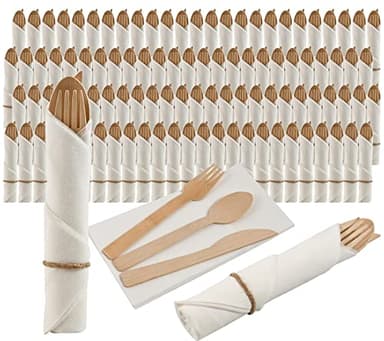 Pre Rolled Napkin and Bamboo Cutlery Set - 100Pack Bamboo Utensils/Compostable Cutlery(100 Forks, 100 Knives, 100 Spoons, 100 Napkins), Biodegradable Wrapped Cutlery for Party, Wedding, Events