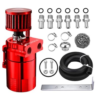 EVIL ENERGY Oil Catch Can, Universal Baffled Catch Can Kit with Breather Filter, 300ml Aluminum Air Oil Separator Tank NBR Fuel Hose Kits for PCV System Red