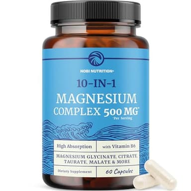 10 in 1 Magnesium Complex Supplement 500MG | Magnesium Citrate, Mag Glycinate, Malate & More | High Absorption Mag Complex with Vitamin B6 | Bone, Muscle & Heart Health Support | Non-GMO | 60 Ct.