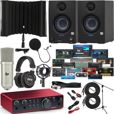 Focusrite Scarlett 2i2 4th Gen USB-C Audio Interface Bundle with PreSonus Eris 3.5 Studio Monitors Recording Shield Condenser Microphone Headphones and Cables