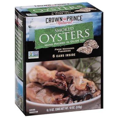 Crown Prince Natural Smoked Oysters Hand Packed in Olive Oil, 3 Ounce Cans (Pack of 6)