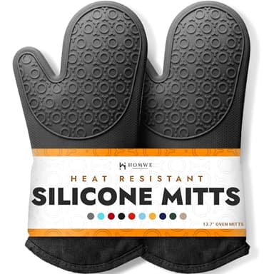 BPA-Free Silicone Oven Mitts Ultra Heat Resistant up to 500°F - Oven Mitts with Thick Cotton Liner - Long Slip Resistant Pot Holders, Flexible Oven Gloves - Black 13.7"
