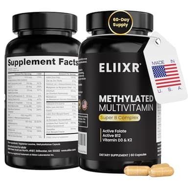 Eliixr Methylated Multivitamin 27-in-1 Formula with 1500 mcg Active Folate, Methylated B12, K2, D3, B-Complex and more Women and Mens Multivitamins, 60 Vegan Capsules, 2 month supply Made in the USA