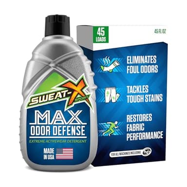 SWEAT X Max Odor Defense Laundry Detergent Liquid - Natural Washing Detergent for Activewear & Gym Clothes - Laundry Detergent for Sensitive Skin - Concentrated Detergent, 45 Loads (1 Bottle)