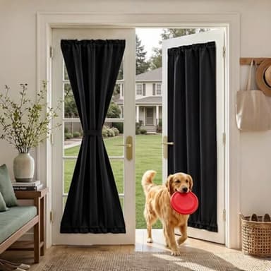 RYB HOME 100% Blackout French Door Curtain for Door Window with Dual Rod Pocket No Coating - Privacy Assured Thermal Insulated Room Darkening Drapes for Sidelight Window, W 26 x L 72, 1 Panel, Black
