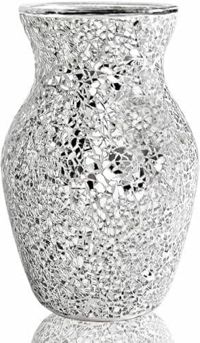 HMRCYTE Crystal Mosaic Vase, Silver Crackle Glass Vase, Shiny Modern Decor Handmade Vase, Glitter Mosaic Accent Container Table Centerpiece for Home Decor Office Living Room Bookshelves Wedding Gift