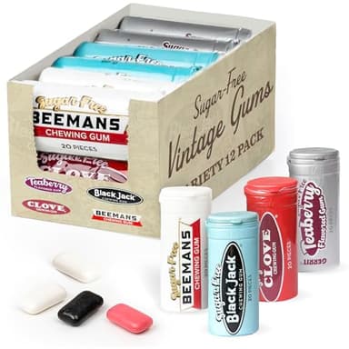 Gerrit's Sugar Free Gum Variety Pack of 12 Tubes - Beeman's, Black Jack, Clove, and Teaberry - Vintage Sugar Free Chewing Gum Bulk Pack - 240 Pieces