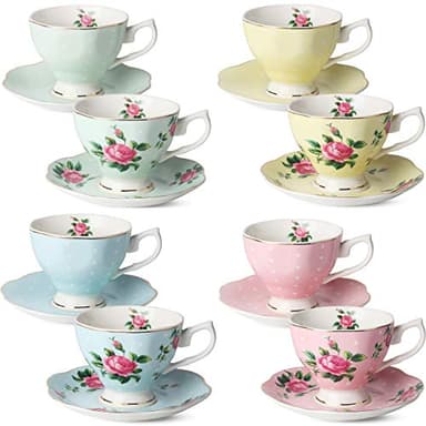 BTaT- Floral Tea Cups and Saucers, Set of 8, 8 oz, Fine Porcelain Teacup Set with Gold Trim for Afternoon Tea, Weddings, Parties & Gifting, Dishwasher Safe, Lightweight, Non-Toxic, Mothers Day Gift