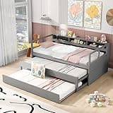 Twin XL Size Daybed with 2 Trundle Beds, Wood Twin XL Platform Bed with 3 Storage Shelf, USB Charging and 1 Light, Trundle Bed, Twin xl Bed Frame for Bedroom and Living Room, Gray