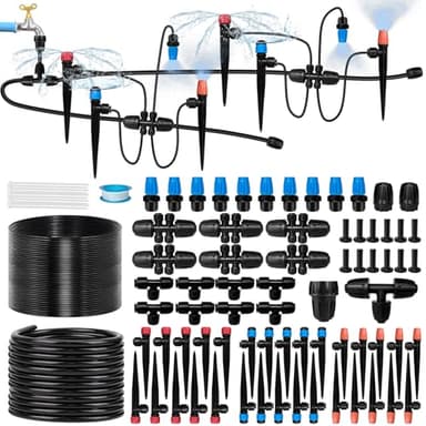 TJJFMM 230FT Drip Irrigation System for Garden with 40 Nozzles & Emitters, Garden Watering System with 1/2" & 1/4" Tube and Barbed Fittings - Adjustable Sprinklers Kit for Greenhouse, Lawn, Raised Bed