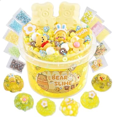 LAWOHO Bear Clear Slime 300ml, Yellow Clear Slime Kit for Girls Ages 8-12 with 9 Packs Cute Add-Ins for Kids Party Favors, Non Stick Slimes with Clay Toys Birthday Halloween Christmas Easter Gifts