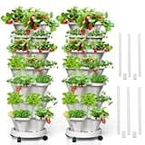 Tectsia 7 Tiered Strawberry Vertical Planters, 2 Pack Stacking Tower Garden with Support Pole, Stackable Herb Vegetable Planters Indoor Outdoor White