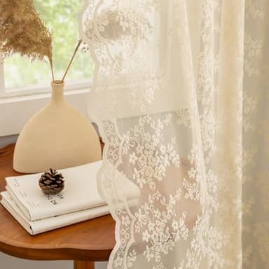 Beige Sheer Curtains 84 inches Long Vintage Lace curtains for Living Room Bedroom Light Filtering Retro Floral Pattern Shabby Chic Crochet Curtains Grandma Core Decor Pair W52 X L84 Light Beige