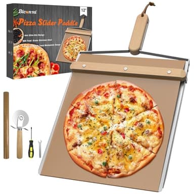 Sliding Pizza Peel, large Pizza Peel Metal Sliding Tray 16" X 13" Making 12 Inch, 304 Stainless Steel Metal Premium Pizza Board with Solid Wood Handle, and Pizza Cutter Wheel