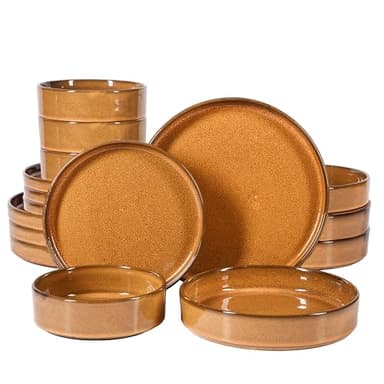Bloomhouse - Two Time Oprah's Favorite Things Winner - Santorini Mist Double Bowl Terracotta Reactive Glaze Plates and Bowls Dinnerware Set - Amber, Service for Four (16pcs)