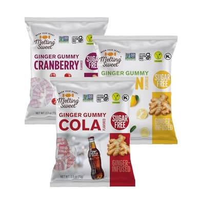 Melting Sweet SUGAR FREE Ginger Gummies Chew Candy - Fluten Free, Non GMO Snacks (Assorted Mix, 2.5 oz, Pack of 3)