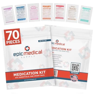 Epic Medical Supply First Aid Kit Medication Refill – 70-Count Unit Dose Packets – Emergency Medicine Kit Pills for 1st Aid Kit Refills, Travel, Office, Dorm, Camping – Assembled in USA (70 Pieces)