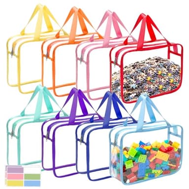 8 Packs 8 Colors Large Toy Storage Bags with Zipper and Labels, Clear PVC Waterproof Toy Organizers Bags for Board Games, Puzzles Pieces, Building Blocks, Handmade Accessories, Kid Books