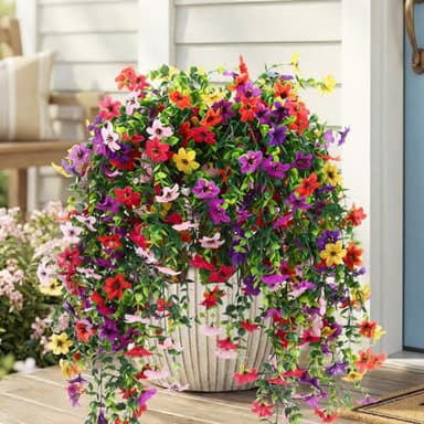 CEWOR 4pcs Artificial Hanging Flowers Plants for Outdoor, Fake Flowers Faux Silk Daisy with Eucalyptus, UV Resistant Realistic Faux Flower for Outside Indoor Home Porch Patio Decor, Multicolor