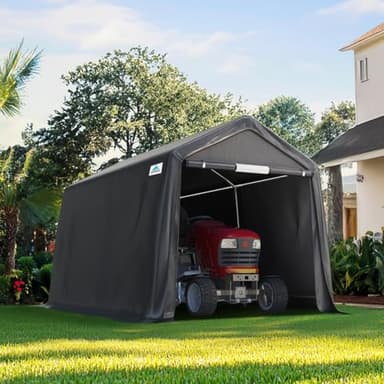 ADVANCE OUTDOOR 8x14 ft Steel Metal Peak Roof Portable Garage Shelter Storage Shed Carport for Motorcycle, Bike or Garden Tools with 2 Roll up Doors & Vents, Gray