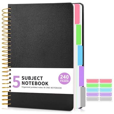5 Subject Notebook College Ruled, A5 Hardcover Spiral Notebook with Removable Pocket Dividers Tabs, 240 Pages Lined Spiral Journal Notebook for Women, 6x8.5 Notebooks for Work School Note taking Black
