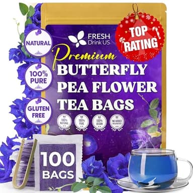 FreshDrinkUS, 100 Premium Butterfly Pea Flower Tea Bags – 100% Pure & Natural | Caffeine-Free Herbal Blue Tea | No Additives, Non-GMO, Made With Natural Material Tea Bag, No Sugar, No Caffeine, No Gluten, Vegan
