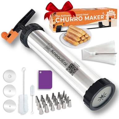 KneadEat Churro Maker Kit with Booster-powered Handle. Churrera, Piping Bag Churro-Filler. Easy QR-Recipe to Prepare and Fill Your Own Churros at Home - Cookie Churro Maker. (S. Steel.)