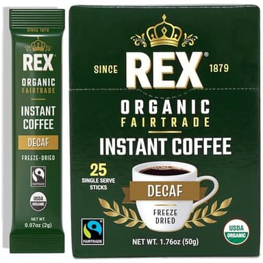Rex Coffee Organic Fairtrade Decaf Freeze-Dried Instant Sticks – Naturally Decaffeinated Arabica, 25 Single-Serve Packs, Mountain Water Process
